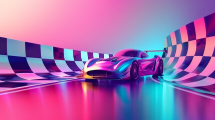 Racing car and checkered flag in a neon color palette 3d style isolated flying objects memphis style 3d render   AI generated illustration - obrazy, fototapety, plakaty