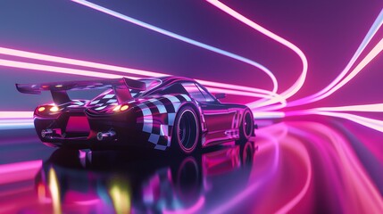 Racing car and checkered flag in a neon color palette 3d style isolated flying objects memphis style 3d render   AI generated illustration - obrazy, fototapety, plakaty