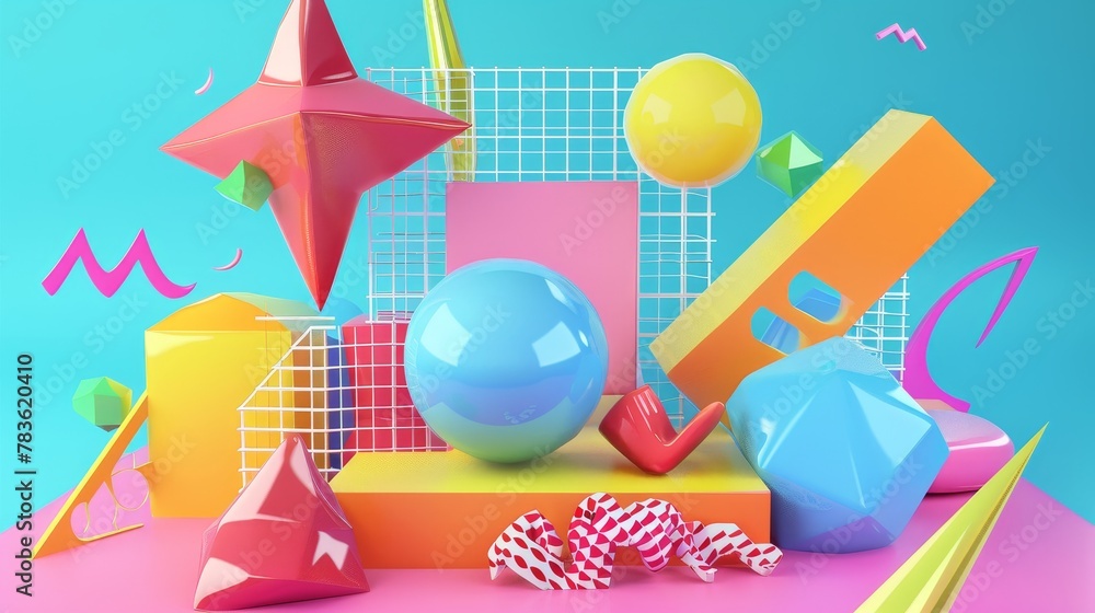 Poster retro s vibes with abstract 3d objects 3d style isolated flying objects memphis style 3d render ai g
