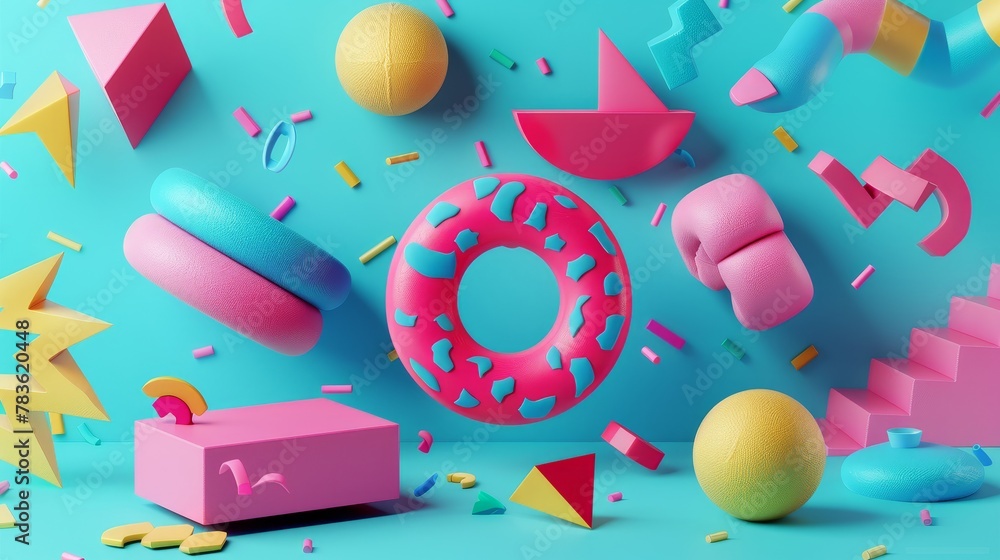 Leinwandbilder retro s vibes with abstract 3d objects 3d style isolated flying objects memphis style 3d render ai g