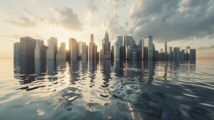 City skyline with rising sea levels futuristic barrier technologies
