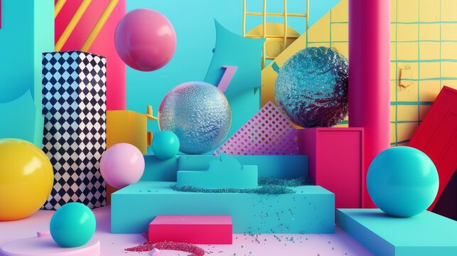 Retro s vibes with abstract 3d objects 3d style isolated flying objects memphis style 3d render   AI generated illustration