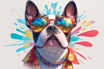 A Boston Terrier dog wearing colorful sunglasses and a beaded necklace - obrazy, fototapety, plakaty