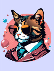 Elegant cat in the sunglasses on the blue background