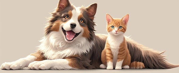 A brown and white cat sits next to border collie dog - obrazy, fototapety, plakaty