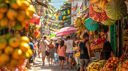 Festive and Colorful Atmosphere at a Vibrant Street Market in Rio de Janeiro, Featuring Samba Music