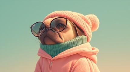 A brown dog wearing dark sunglasses, a pink beanie hat with green fur trim and a sweater in pastel colours