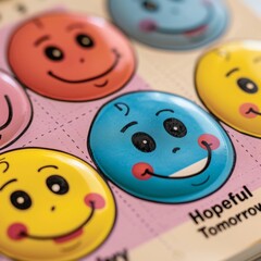 Colorful smiley face buttons on a calendar, "Hopeful Tomorrow" concept.