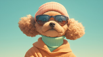 A brown dog wearing dark sunglasses, a pink beanie hat with green fur trim and a sweater in pastel colours 