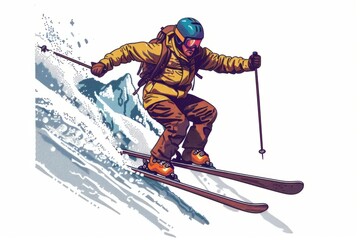 Retro style illustration of a skier in action on a snowy slope, winter adventure theme