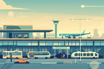 Airport Terminal building with aircraft taking off. Vector airport landscape.