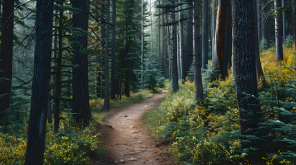 A winding path leading through a forest of tall trees.


