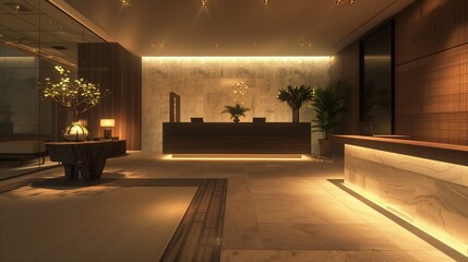 Soft, ambient lighting casting a warm glow over the reception area's chic decor.