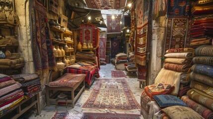 Traditional bazaar in Istanbul Turkey with tapestries pottery spices and textiles echoing with sounds of bargaining and cultural music --ar 16:9