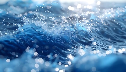 Water surface texture with bubbles and splashes that is defocused blurring transparent blue in color. Trendy abstract background of nature. 