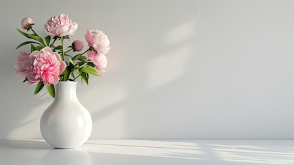 an elegant affair with a photograph featuring pink lush peonies arranged in a white vase, set against a light background, offering empty space for text or invitations.