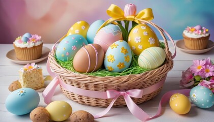 Fototapeta na wymiar An elegant Easter basket filled with decorated eggs and spring flowers, set against a festive backdrop. AI Generation