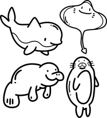 aquatic animals doodles element design.