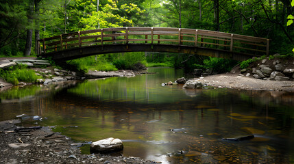 Fototapeta na wymiar A wooden bridge crossing a tranquil stream.