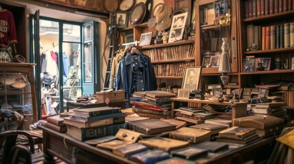 Antique Market in Buenos Aires with Vintage Clothes, Old Books, and Tango Music - obrazy, fototapety, plakaty