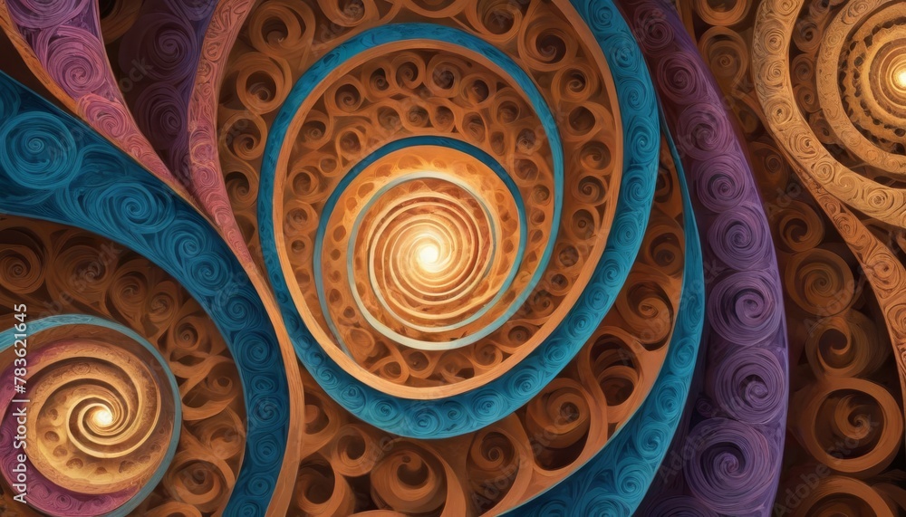 Poster an intricate spiral fractal pattern in warm hues, ideal for concepts involving complexity, mathemati