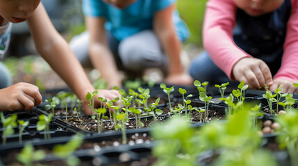Children planting seeds and seedlings in a school garden.


