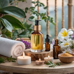 Fototapeta na wymiar spa still life with oils.a world of relaxation and rejuvenation with this inviting spa room adorned with bottles of skin care serum and natural cosmetics. Enhanced by the calming ambiance and delicate