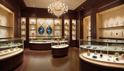 A sophisticated digital rendering of an upscale jewelry store interior, with luxurious showcases displaying exquisite pieces under warm lighting.. AI Generation