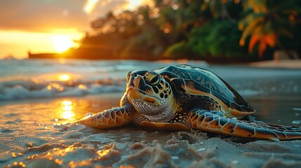 Green sea turtle laying on the beach on a sunny day, palm and sea background. World Turtle Day. Turtle Protection concept.