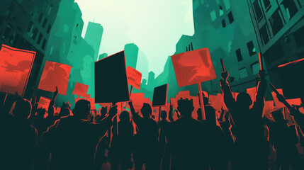 A gathering of individuals in a crowd, each holding up bright red flags and signs in the air