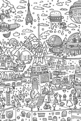 A detailed black and white drawing of a bustling city with skyscrapers, roads, cars, and people going about their daily activities