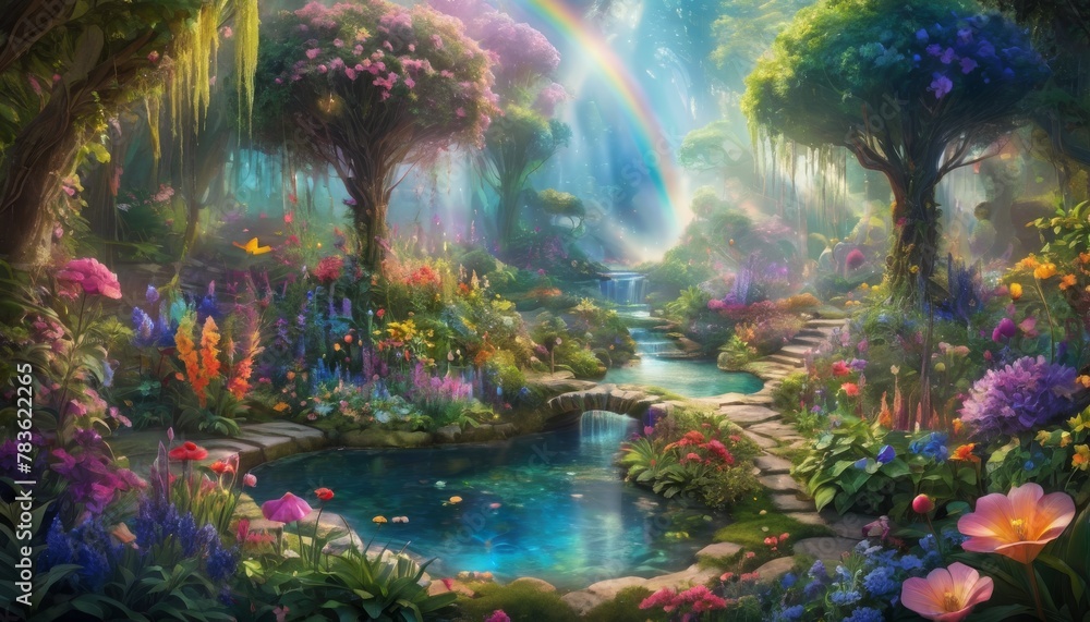 Poster a magical garden filled with an array of vibrant flowers, a gentle stream, and mystical light rays b