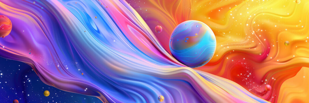 A vivid artistic representation of a cosmic scene with a swirl of colors emulating a nebula, including a prominent blue planet
