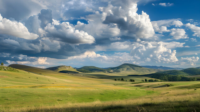 Fluffy clouds casting shadows on rolling hills.


