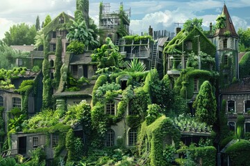 Overgrown post-apocalyptic city reclaimed by nature