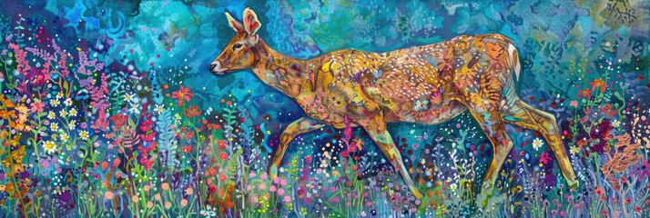 A painting depicting a deer peacefully grazing in a field filled with colorful flowers