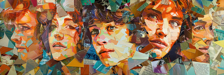A vibrant collage of abstract faces in varied expressions brings life to a city wall, showcasing contemporary artistry - obrazy, fototapety, plakaty