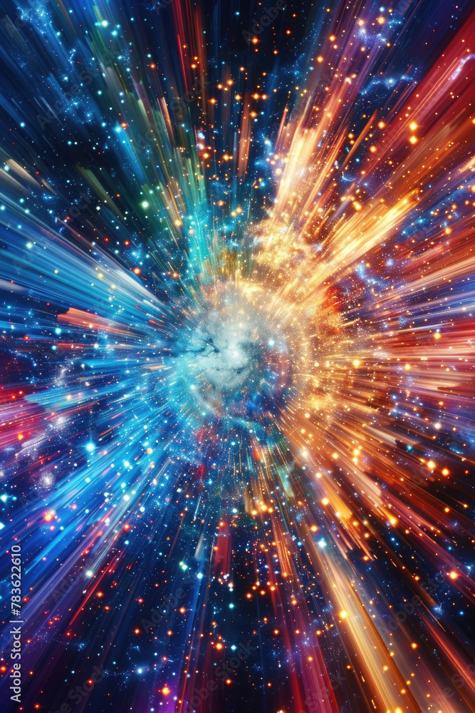 Poster a vibrant space teeming with numerous colorful stars, creating a dazzling display of light and color