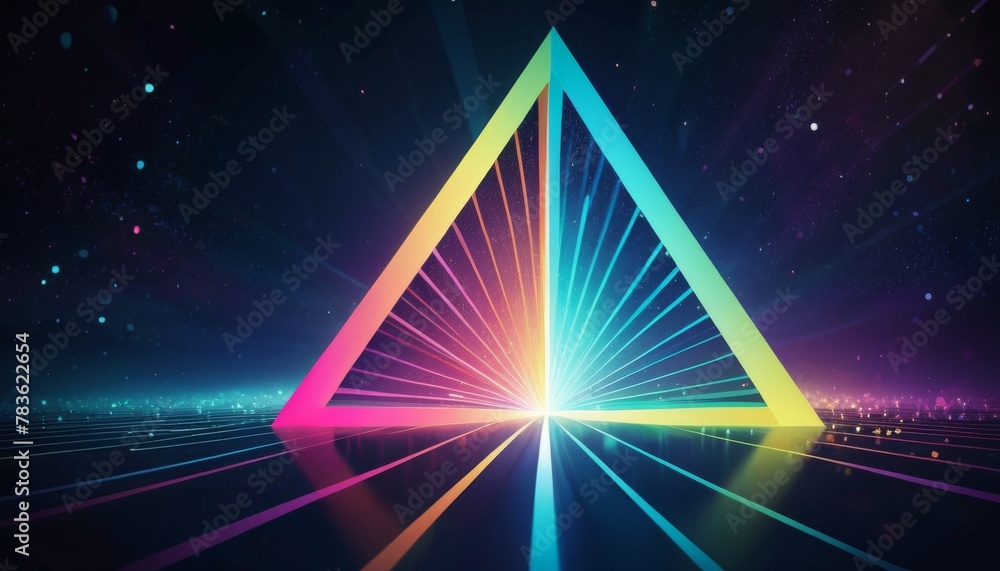 Poster this image features a radiant neon prism against a futuristic grid landscape, emitting a spectrum of