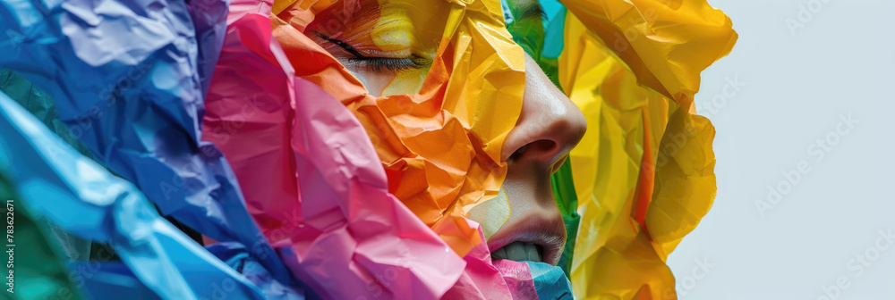 Poster a womans face is entirely covered with various colors of tissue paper, creating a vibrant and unique