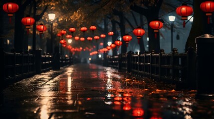 Red lanterns and glitter light up the night sky in a city street