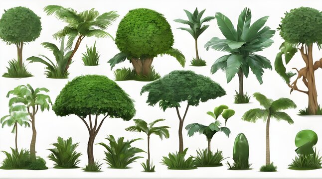 Jungle rain forest trees shapes cutout 3d render. generative.ai