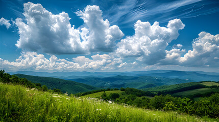 Puffy clouds over a green mountain landscape.


