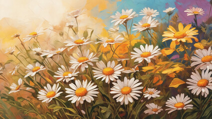 Radiant floral background adorned with sun-kissed daisies dancing in a field, brought to life in vibrant oil colors.