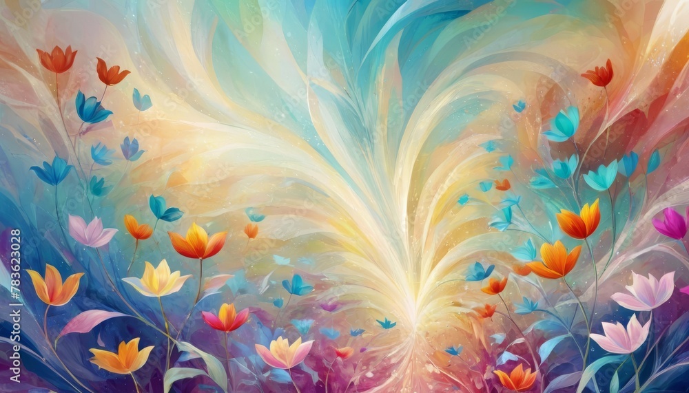 Poster an abstract digital artwork featuring a vibrant swirl of flowers and light, creating a dreamlike fus