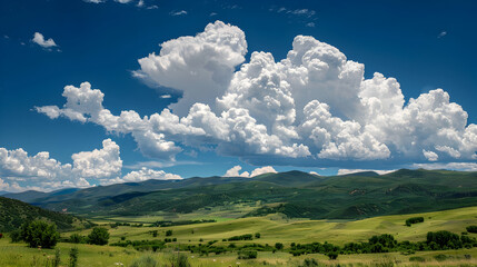 Fototapeta premium Puffy clouds over a green mountain landscape.