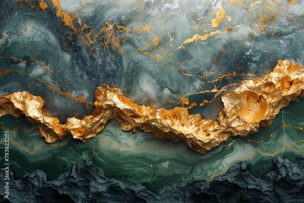 Poster a luxurious abstract design resembling the interplay of gold and green marble formations creating a 