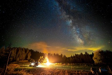 Bonfire and the trees under a starry sky.