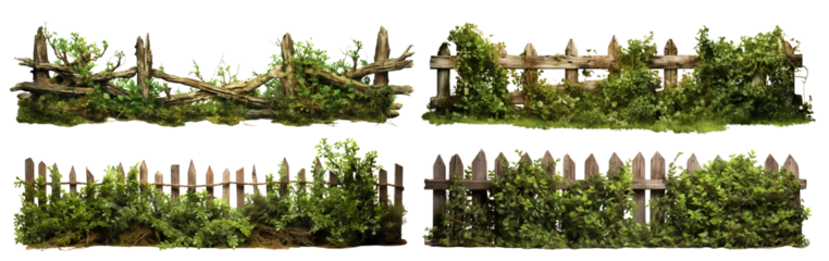 Set of old weathered wooden picket fences covered in foliage, cut out