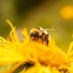 Selective focus of a bumblebee on a yellow flower in a field with a blurry background - obrazy, fototapety, plakaty